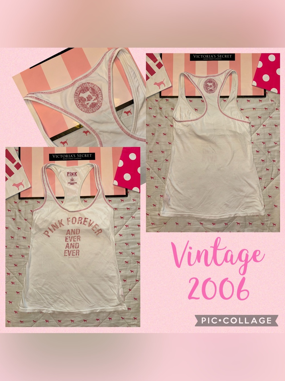 VS PINK VINTAGE 2006 RACERBACK TANK TOP W/ BRA WHITE CROSSBONES SKULL DOG PUP S
